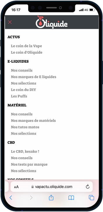 Image d'une vue du menu sur téléphone mobile